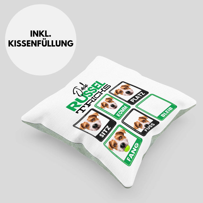 Jack Russel Besitzer Kissen mit Füllung 40x40 Geschenk Lustiger Spruch Geschenkidee Jack Russel Tricks Bleib (Grau) Grün Trendation