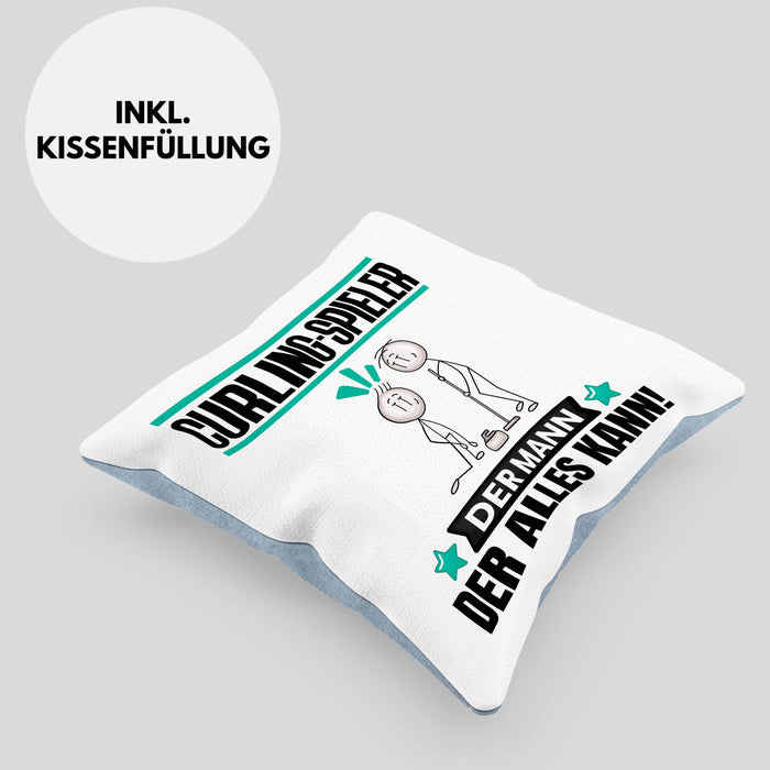 Curling-Spieler Kissen mit Füllung 40x40 Geschenk für Curling-Spieler Der Mann Der Alles Kann Geschenkidee zum Geburtstag (Grau) Blau Trendation