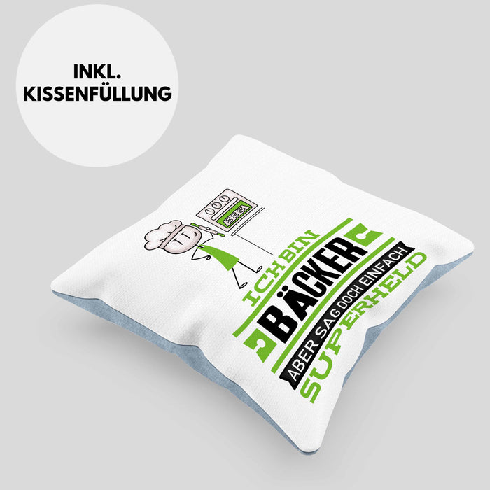Bäcker Geschenk Kissen mit Füllung 40x40 Ich Bin Bäcker Aber Sag Doch Einfach Superheld Lustige Geschenkdiee für Bäcker (Grau) Blau Trendation