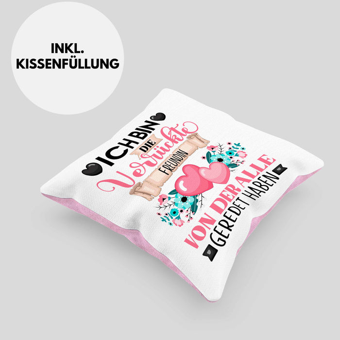 Freundin Kissen mit Füllung 40x40 Geschenk Lustiger Spruch Geschenkidee Ich Bin Die Verrückte Freundin Von Der Alle Geredet Haben (Grau) Rosa Trendation