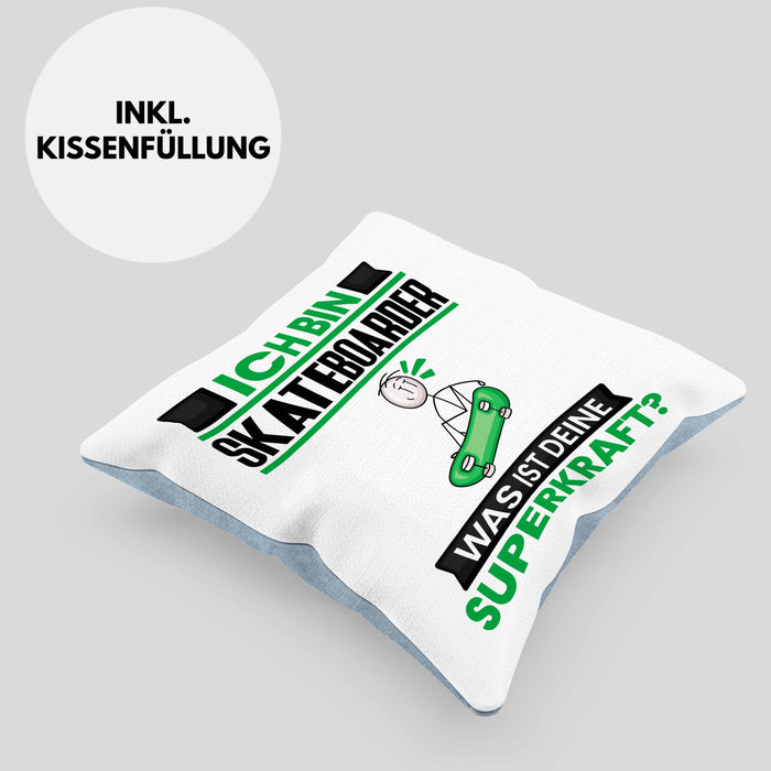Skateboarder Kissen mit Füllung 40x40 Geschenk für Skateboarder Geburtstag Lustiger Spruch Was Ist Deine Superkraft (Grau) Blau Trendation