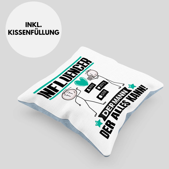 Influencer Kissen mit Füllung 40x40 Geschenk für Influencer Der Mann Der Alles Kann Geschenkidee zum Geburtstag (Grau) Blau Trendation