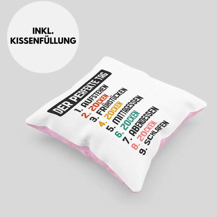 Zocker Gamer Kissen mit Füllung 40x40 mit Spruch Geschenk Junge Jungs Gaming Der Perfekte Tag (Grau) Rosa Trendation