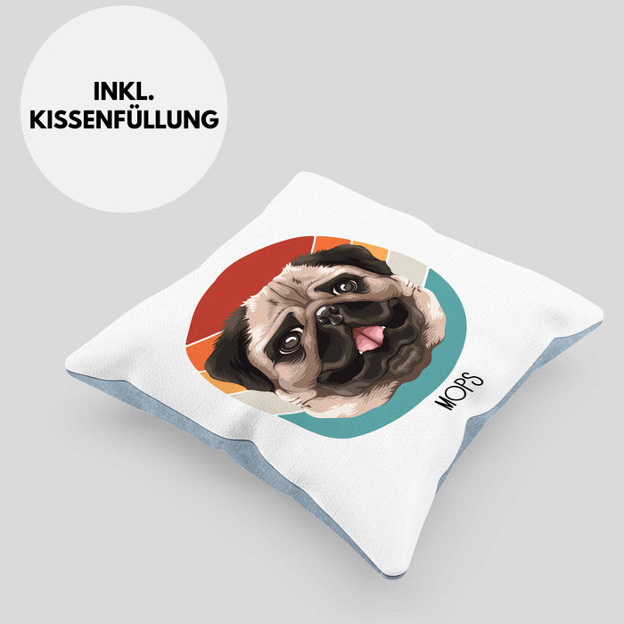 Mops Besitzer Kissen mit Füllung 40x40 Geschenk Lustiger Spruch Geschenkidee Mops Mama Papa (Grau) Blau Trendation