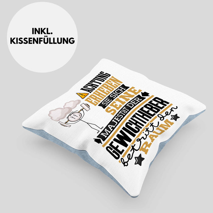 Gewichtheber Geschenk Kissen mit Füllung 40x40 Lustiger Spruch Erheben Sie Sich Der Gewichtheber Betritt den Raum (Grau) Blau Trendation
