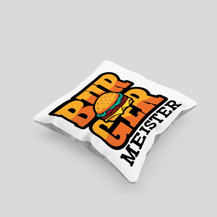 Burger Meister Kissen mit Füllung 40x40 Geschenk Spruch Grillen Sommer Burger Liebhaber Geschenkidee Cheeseburger (Grau) Grau Trendation