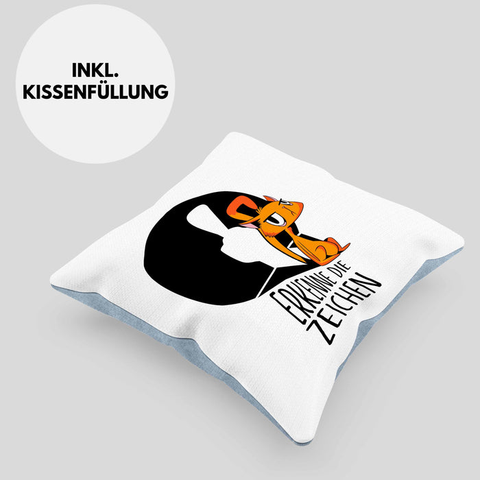 Kissen mit Füllung 40x40 mit Katzenmotiv - Erkenne die Zeichen Geschenk Spruch Geschenkidee (Grau) Blau Trendation