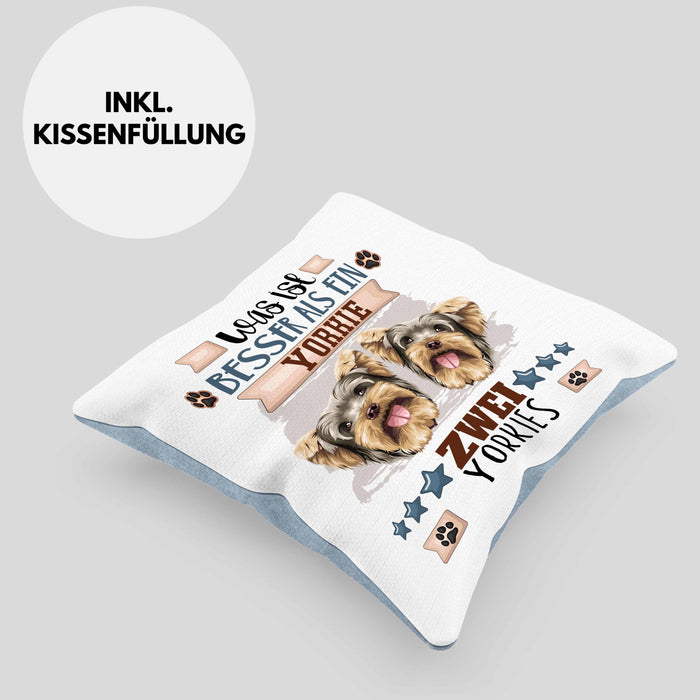 Yorkie Besitzer Kissen mit Füllung 40x40 Geschenk Lustiger Spruch Geschenkidee Was Ist Besser Als Ein Yorkie (Grau) Blau Trendation