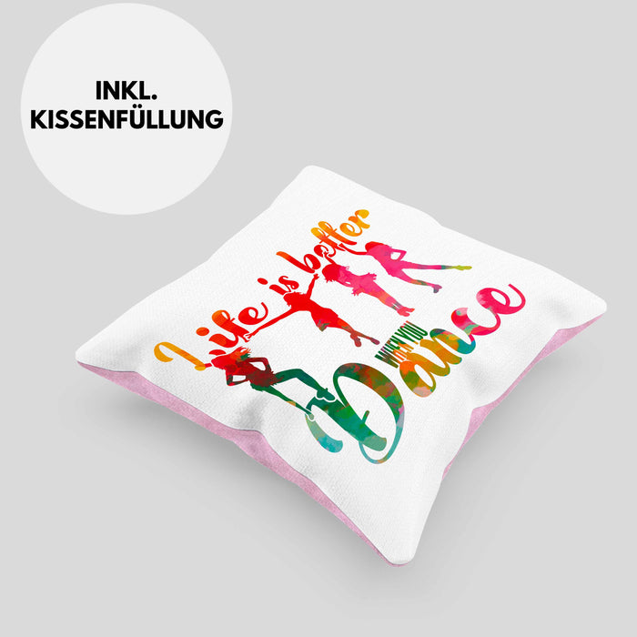 Tanzen Kissen mit Füllung 40x40 Geschenk für Tänzerin Life Is Better When You Dance (Grau) Rosa Trendation