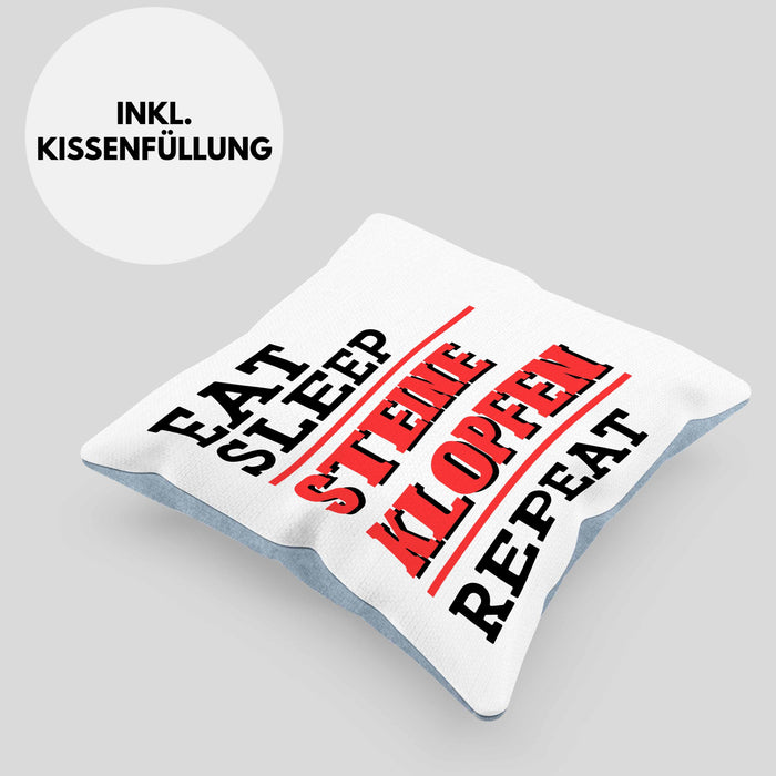 Steinmetz Kissen mit Füllung 40x40 Geschenk Spruch Geschenkidee Eat Sleep Steine Klopfen Repeat (Grau) Blau Trendation