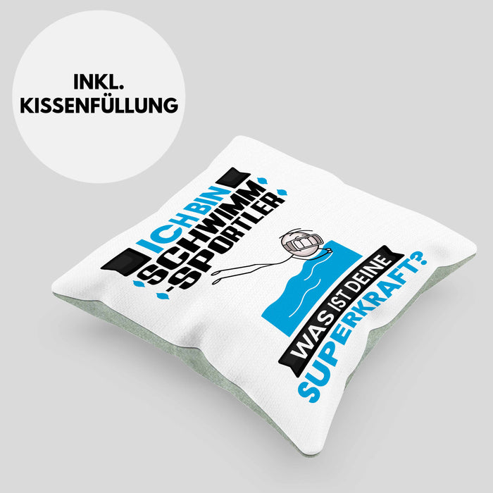 Schwimmsportler Kissen mit Füllung 40x40 Geschenk für Schwimmsportler Geburtstag Lustiger Spruch Was Ist Deine Superkraft (Grau) Grün Trendation