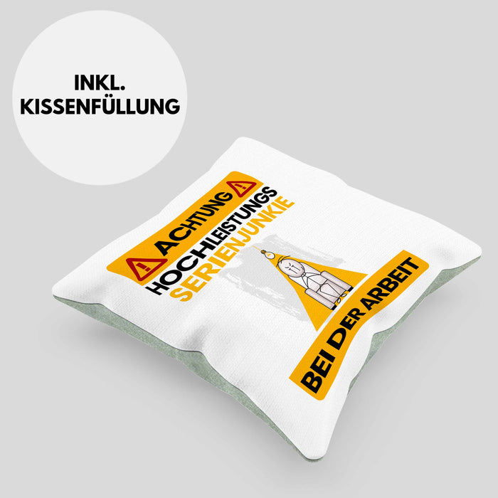 Serienjunkie Kissen mit Füllung 40x40 Geschenk Lustiger Spruch Geschenkidee für Serienjunkie Achtung Hochleistungs Serienjunkie Bei Der Arbeit (Grau) Grün Trendation