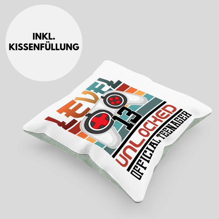 13. Geburtstag Kissen mit Füllung 40x40 Jungs Gaming Official Teenager 13er Geburtstag Geschenkidee (Grau) Grün Trendation