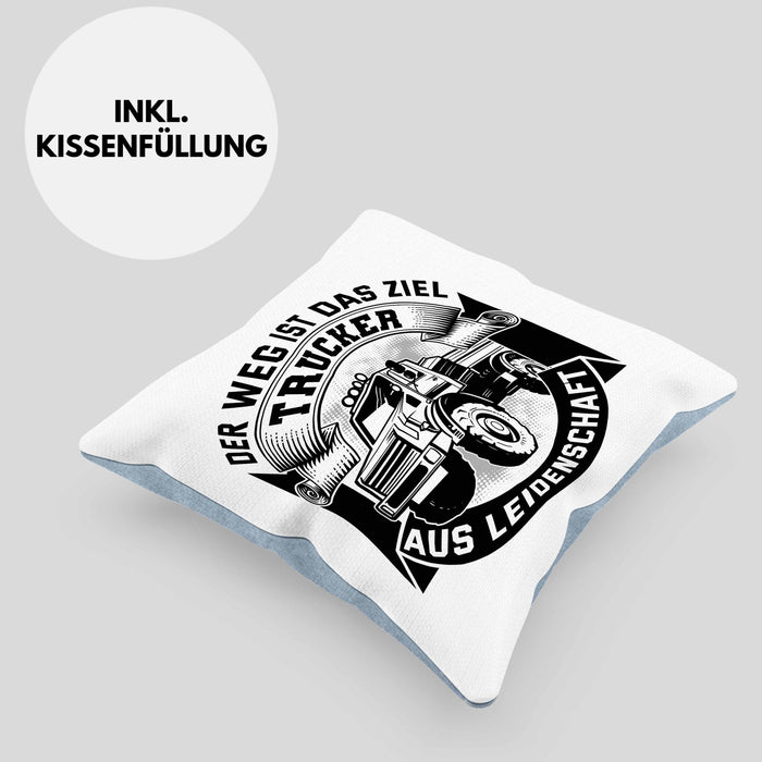 Trucker Geschenk Kissen mit Füllung 40x40 Der Weg Ist Das Ziel Trucker LKW Fahrer Geschenkidee (Grau) Blau Trendation