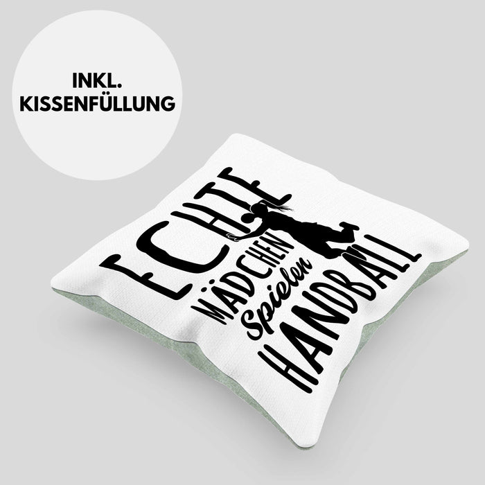 Mädchen Handball-Spielerin Kissen mit Füllung 40x40 Geschenk Spruch Echte Mädchen Spielen Handball Geschenkidee Frauen (Grau) Grün Trendation