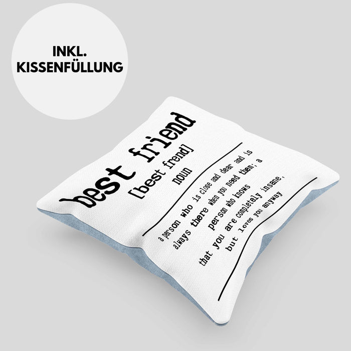Bester Freund Beste Freundin Geschenk Kissen mit Füllung 40x40 Definition Lustiger Spruch BFF Beste Friends Häferl (Grau) Blau Trendation