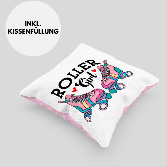 Rollschuh Kissen mit Füllung 40x40 Geschenk für Roller Girls "Roller Girl" Nostalgie 80er 90er Jahre (Grau) Rosa Trendation