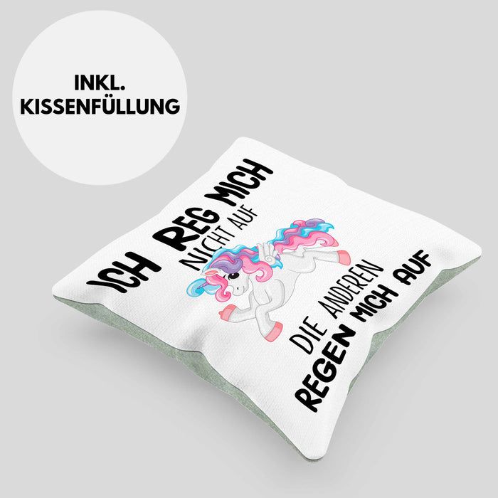 Lustige Ich Reg Mich Nicht Auf Kissen mit Füllung 40x40 Mit Spruch Einhorn Geschenk Mama Freundin Kollegin Geschenkidee Arbeit Frauen (Grau) Grün Trendation