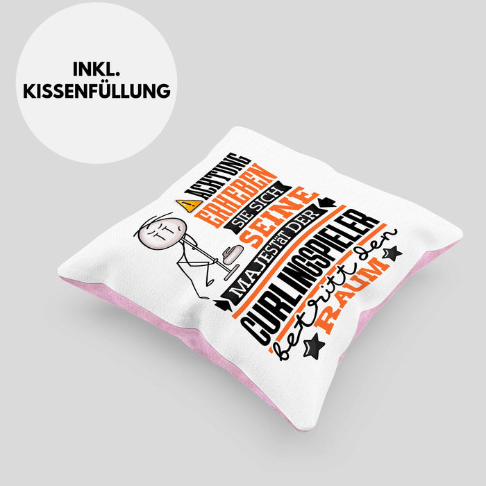 Curlingspieler Geschenk Kissen mit Füllung 40x40 Lustiger Spruch Erheben Sie Sich Der Curlingspieler Betritt den Raum (Grau) Rosa Trendation