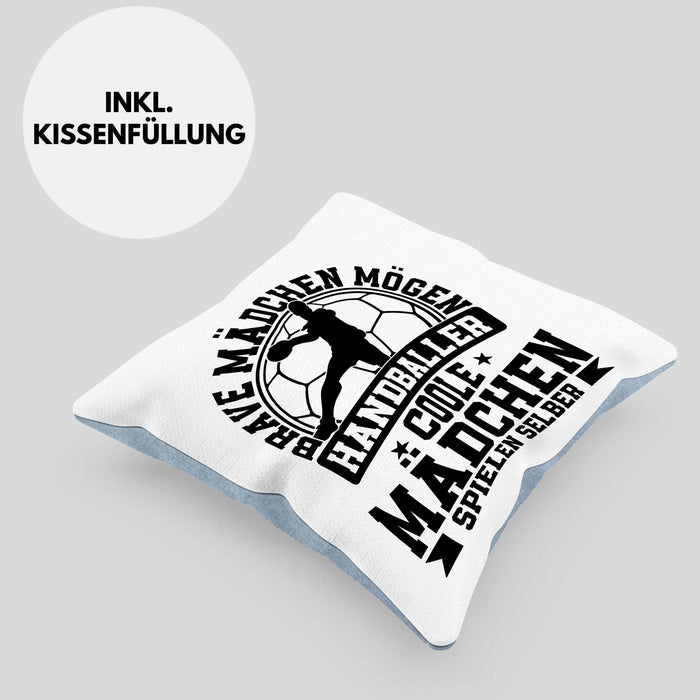 Mädchen Handball-Spielerin Kissen mit Füllung 40x40 Geschenk Spruch Echte Mädchen Spielen Handball Geschenkidee Frauen Brave Mädchen Mögen Handballer (Grau) Blau Trendation