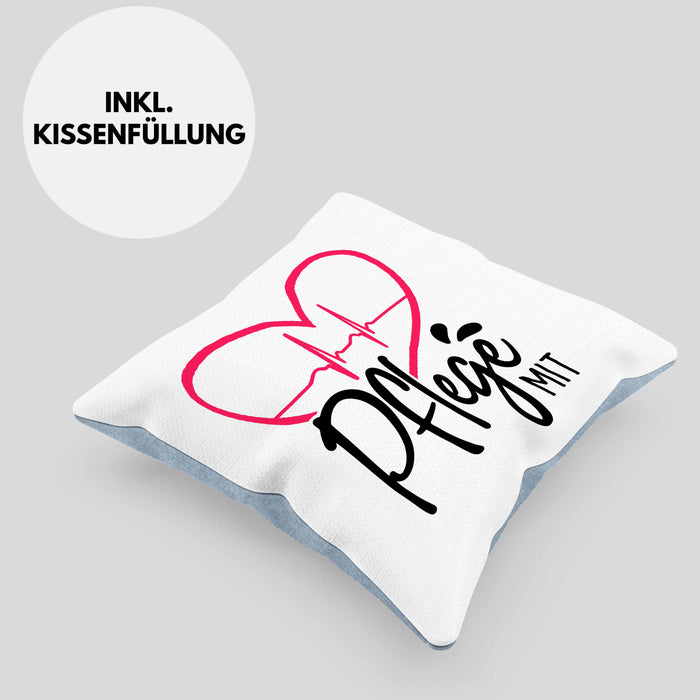 Geschenkidee Pfleger Kissen mit Füllung 40x40 "Pflege mit Herz" Grafik Pfleger Geschenk (Grau) Blau Trendation