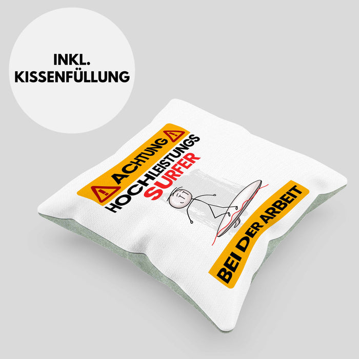 Surfer Kissen mit Füllung 40x40 Geschenk Lustiger Spruch Geschenkidee für Surfer Achtung Hochleistungs Surfer Bei Der Arbeit (Grau) Grün Trendation