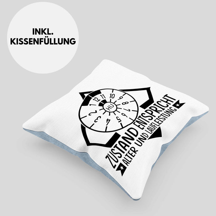 KFZ Mechaniker Kissen mit Füllung 40x40 Geschenk Spruch Männer KFZ Mechatroniker Geschenkidee Werkstatt Zustand Entispricht Alter Und Laufleistung (Grau) Blau Trendation