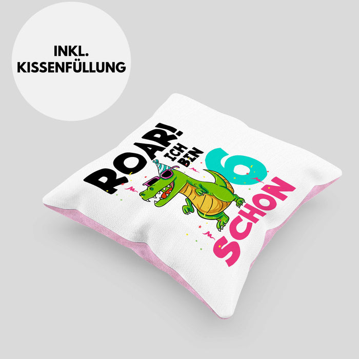 6. Geburtstag Kissen mit Füllung 40x40 Geschenk Lustiger Spruch Roar Ich Bin Schon 6 Dinosaurier Geschenkidee Geburtstag (Grau) Rosa Trendation