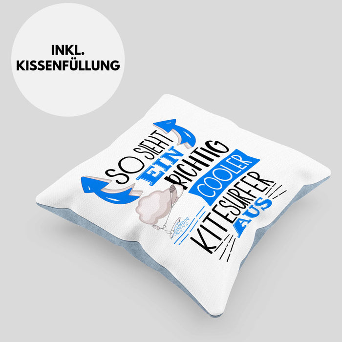 So Sieht Ein Richtig Cooler Kitesurfer Aus Geschenk Kissen mit Füllung 40x40 Lustiger Spruch Geschenkidee (Grau) Blau Trendation