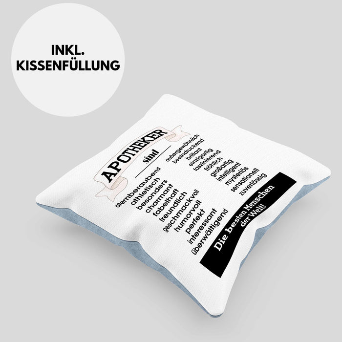Apotheker Kissen mit Füllung 40x40 Geschenk Bester Apotheker Pharmazeut Arzneikundiger Spruch Lustiger Spruch (Grau) Blau Trendation