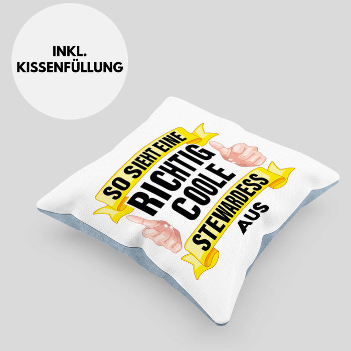 Stewardess Kissen mit Füllung 40x40 Geschenk für Stewardessin Lustiger Spruch Lustig Flugbegleiterin Sprüche (Grau) Blau Trendation