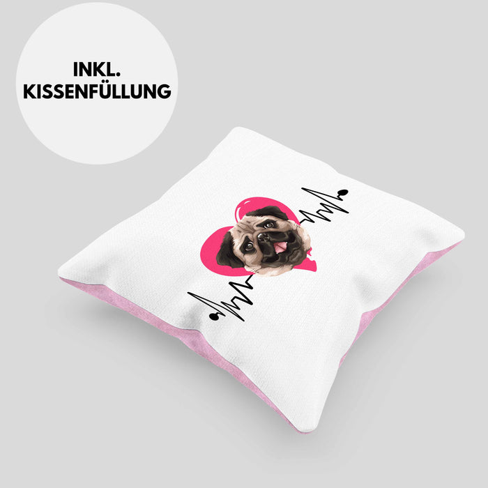 Mops Besitzer Kissen mit Füllung 40x40 Geschenk Lustiger Spruch Geschenkidee Herzschlag Mops (Grau) Rosa Trendation