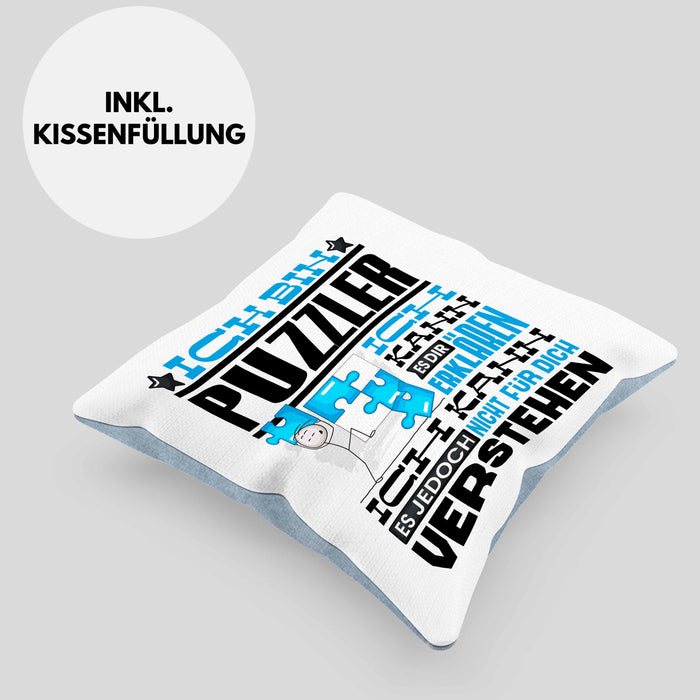 Puzzler Geschenk Kaffee-Kissen mit Füllung 40x40 Geschenkidee für Puzzler Ich Bin Puzzler Ich Kann Es Dir Erklären Jedoch Nicht Für Dich Verstehen Spruch Lustig (Grau) Blau Trendation