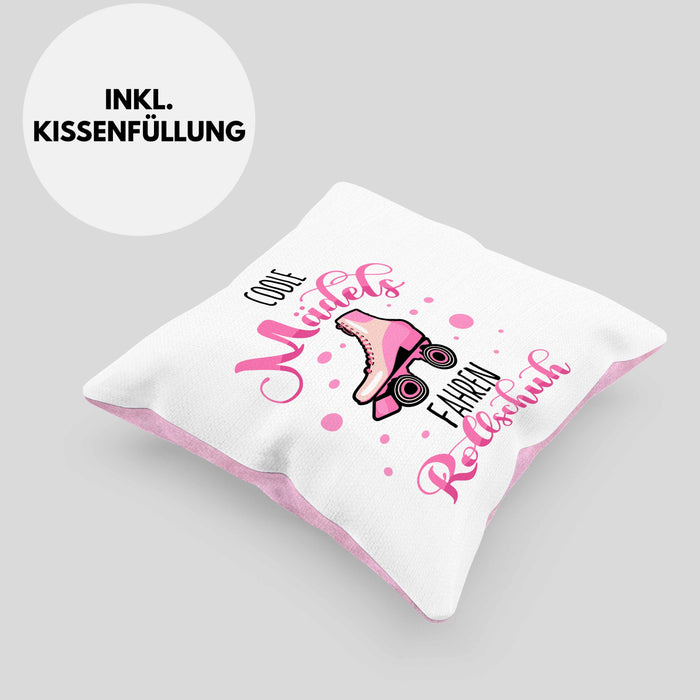 Lustige Rollschuh-Kissen mit Füllung 40x40 Geschenk für Rollschuhfahrerinnen Coole Mädels Fahren Rollschuh (Grau) Rosa Trendation