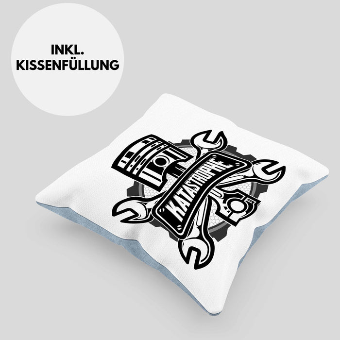 KFZ Mechaniker Kissen mit Füllung 40x40 Geschenk Spruch Männer KFZ Mechatroniker Geschenkidee Werkstatt Katastrophe (Grau) Blau Trendation