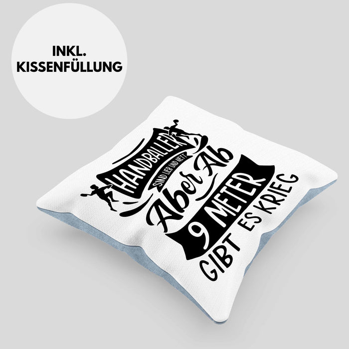 Handball Geschenk Kissen mit Füllung 40x40 Geschenkidee Handball-Spieler Handballspielerin Mädchen Jungs Ab 9 Meter Gibt Es Krieg (Grau) Blau Trendation