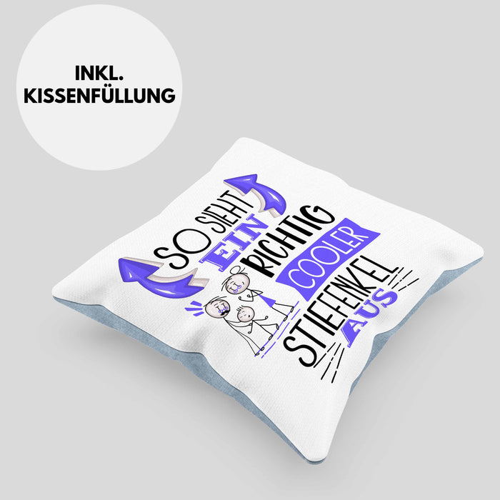 Stiefenkel Kissen mit Füllung 40x40 Geschenk So Sieht Ein RIchtig Cooler Stiefenkel Aus Geschenkidee Lustiger Spruch Geburtstag (Grau) Blau Trendation