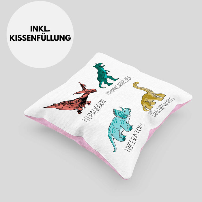 Arten Von Dinosauriern Kissen mit Füllung 40x40 Geschenk Für Jungs Dinos T-Rex Jungen Mädchen Dinos Tyrannosaurus (Grau) Rosa Trendation
