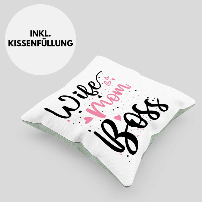 Wife Mom Boss Kissen mit Füllung 40x40 Geschenk Mutter Mama zum Muttertag Muttertagsgeschenk (Grau) Grün Trendation