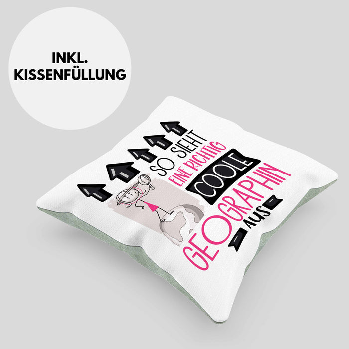 Geographin Geschenk Kissen mit Füllung 40x40 Geschenkidee für Geographin Geburtstag Weihnachten Spruch So Sieht Eine Richtig Coole Geographin Aus (Grau) Grün Trendation