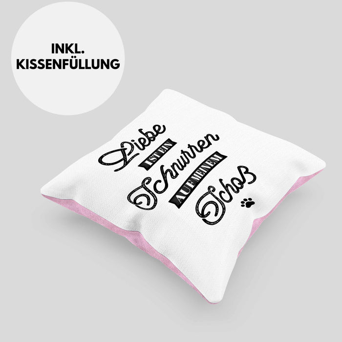 Katze Kissen mit Füllung 40x40 Geschenk Spruch Geschenkidee für Katzen-Mama Papa Katzenliebhaber Liebe Ist Ein Schnurren Auf Meinem Schoß (Grau) Rosa Trendation