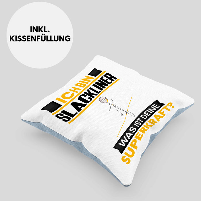 Slackliner Kissen mit Füllung 40x40 Geschenk für Slackliner Geburtstag Lustiger Spruch Was Ist Deine Superkraft (Grau) Blau Trendation