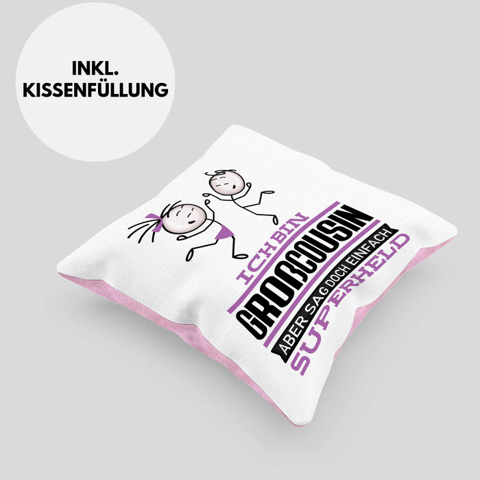Großcousin Geschenk Kissen mit Füllung 40x40 Ich Bin Großcousin Aber Sag Doch Einfach Superheld Lustige Geschenkdiee für Großcousin (Grau) Rosa Trendation