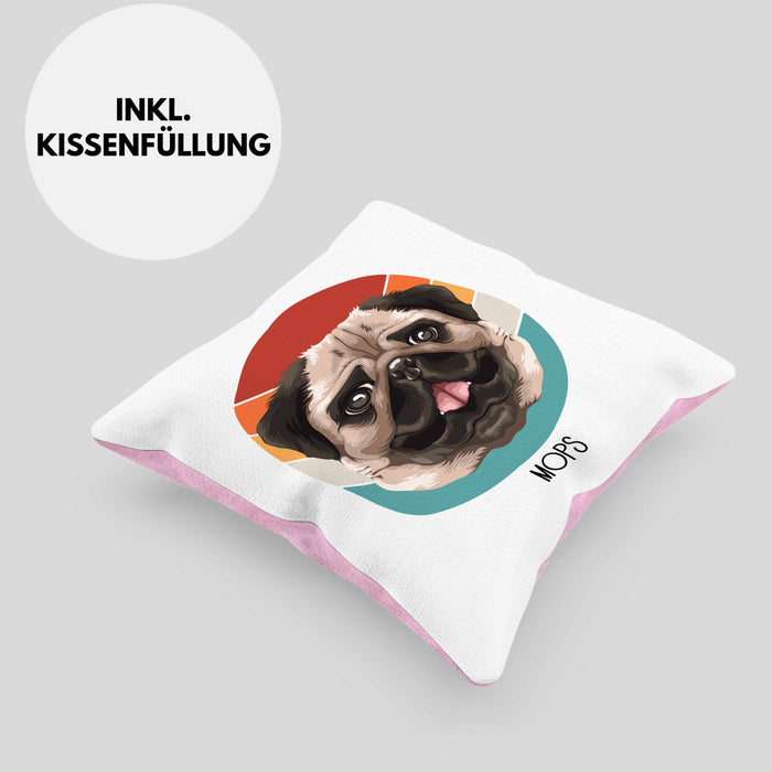 Mops Besitzer Kissen mit Füllung 40x40 Geschenk Lustiger Spruch Geschenkidee Mops Mama Papa (Grau) Rosa Trendation