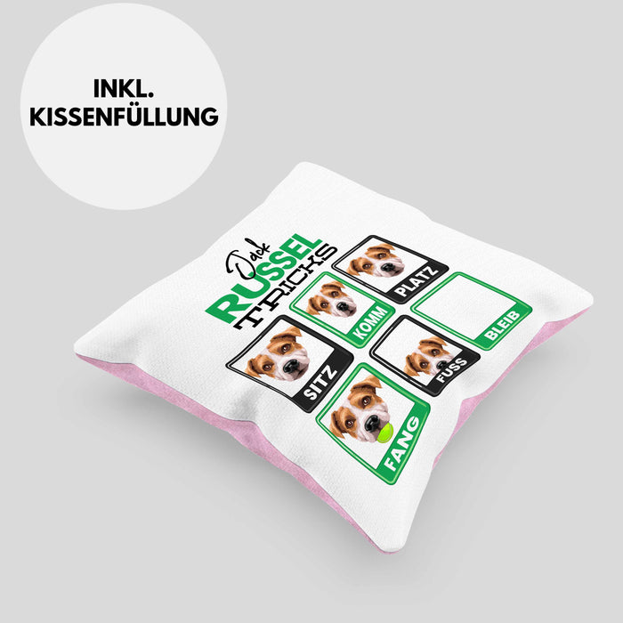 Jack Russel Besitzer Kissen mit Füllung 40x40 Geschenk Lustiger Spruch Geschenkidee Jack Russel Tricks Bleib (Grau) Rosa Trendation