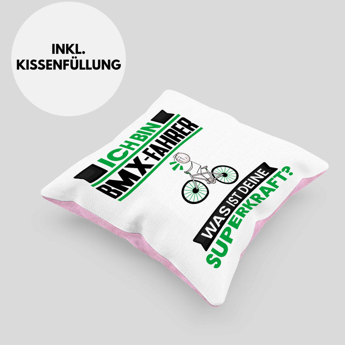 BMX-Fahrer Kissen mit Füllung 40x40 Geschenk für BMX-Fahrer Geburtstag Lustiger Spruch Was Ist Deine Superkraft (Grau) Rosa Trendation