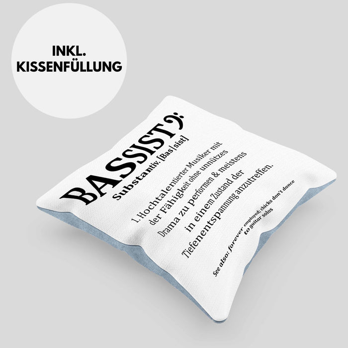 Bassist Kissen mit Füllung 40x40 Geschenk Bass-Spieler Geschenkidee Bassist Definition (Grau) Blau Trendation