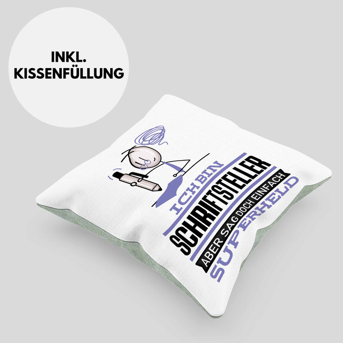 Schriftsteller Geschenk Kissen mit Füllung 40x40 Ich Bin Schriftsteller Aber Sag Doch Einfach Superheld Lustige Geschenkdiee für Schriftsteller (Grau) Grün Trendation