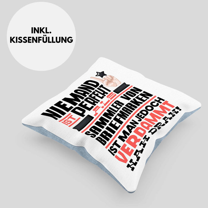 Sammler von Briefmarken Geschenk Kissen mit Füllung 40x40 Lustige Geschenkidee für Sammler von Briefmarken Geburtstag Niemand Ist Perfekt Aber Als Sammler von Briefmarken Ist Man Nah Dran (Grau) Blau Trendation