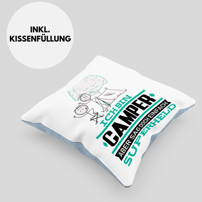 Camper Geschenk Kissen mit Füllung 40x40 Ich Bin Camper Aber Sag Doch Einfach Superheld Lustige Geschenkdiee für Camper (Grau) Blau Trendation